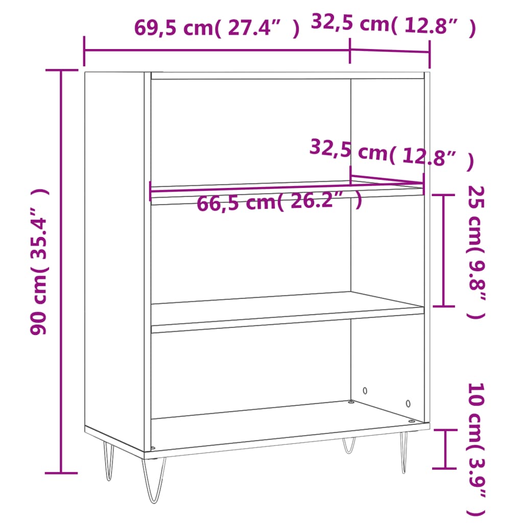 Bokhylle høyglans hvit 69,5x32,5x90 cm konstruert tre