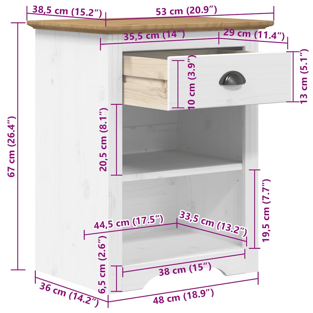 Nattbord Sengbord Brun BODO 53x38,5x67 cm heltre furu