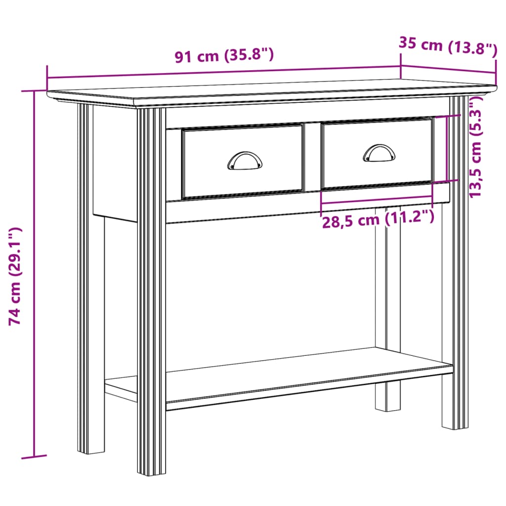 Avlastningsbord konsollbord Hvit BODO 91x35x74 cm heltre furu