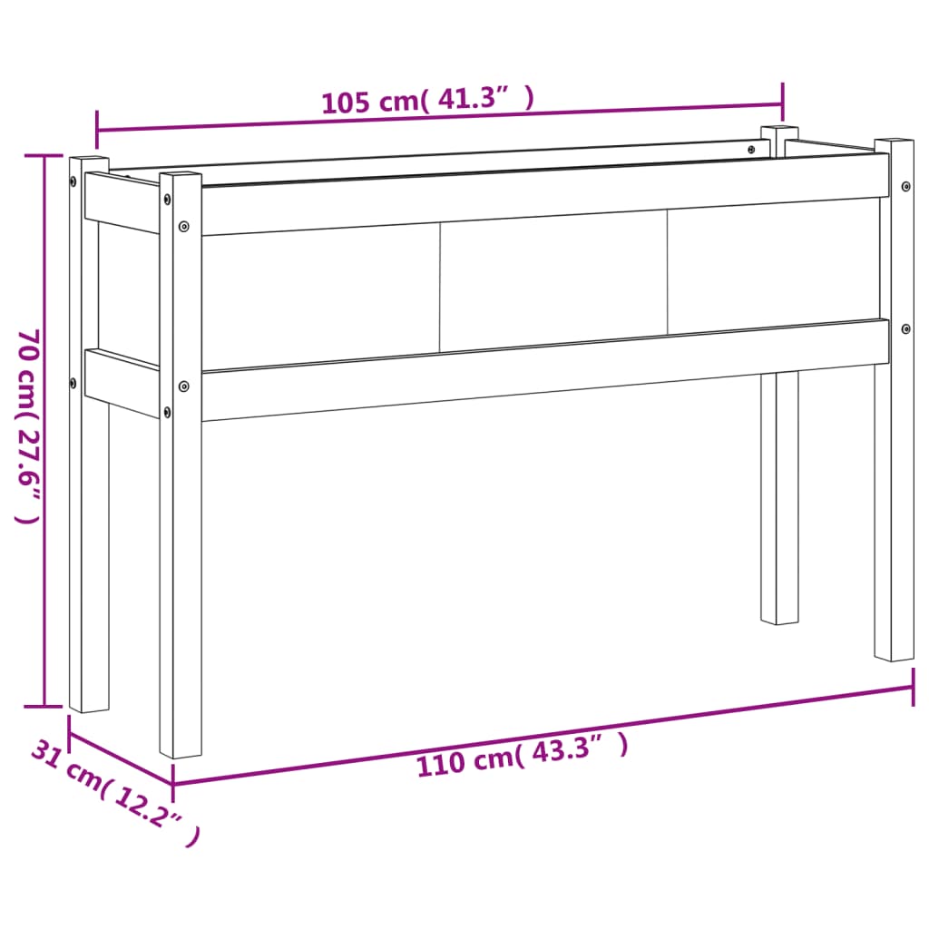 Hageplantekasse med ben voksbrun 110x31x70 cm heltre furu