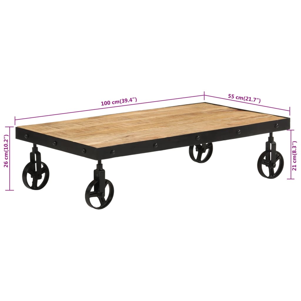 Salongbord Sofabord Tre med hjul heltre mango 100x55x26 cm