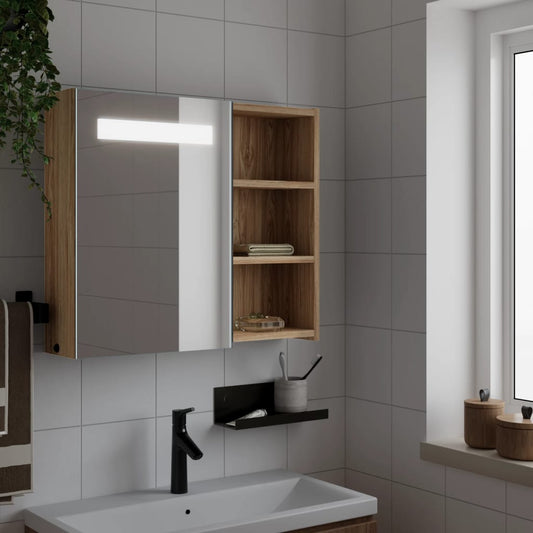 Baderomsspeilskap med LED-lys Eik 60x13x52 cm