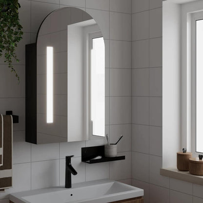 Baderomsspeilskap med LED-lys buet Svart 42x13x70 cm
