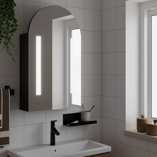 Baderomsspeilskap med LED-lys buet Svart 42x13x70 cm