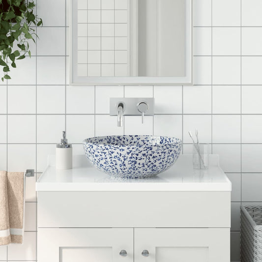 Benkeservant hvit og blå rund Φ41x14 cm keramikk