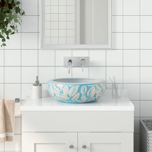 Benkeservant hvit og blå rund Φ41x14 cm keramikk