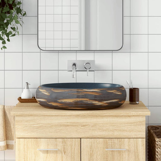 Baderomsvask Brun og blå oval 59x40x15 cm keramikk
