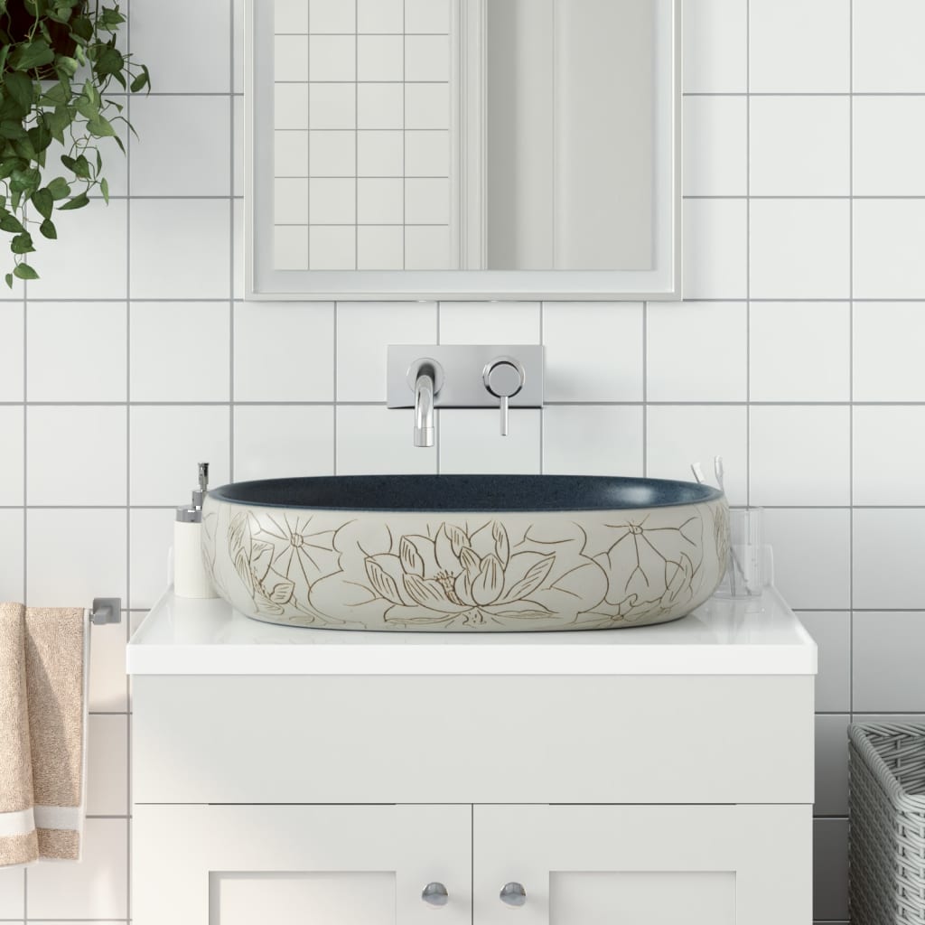 Baderomsvask sand og blå oval 59x40x14 cm keramikk