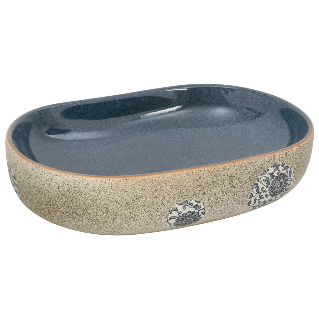 Baderomsvask sand og blå oval 59x40x14 cm keramikk