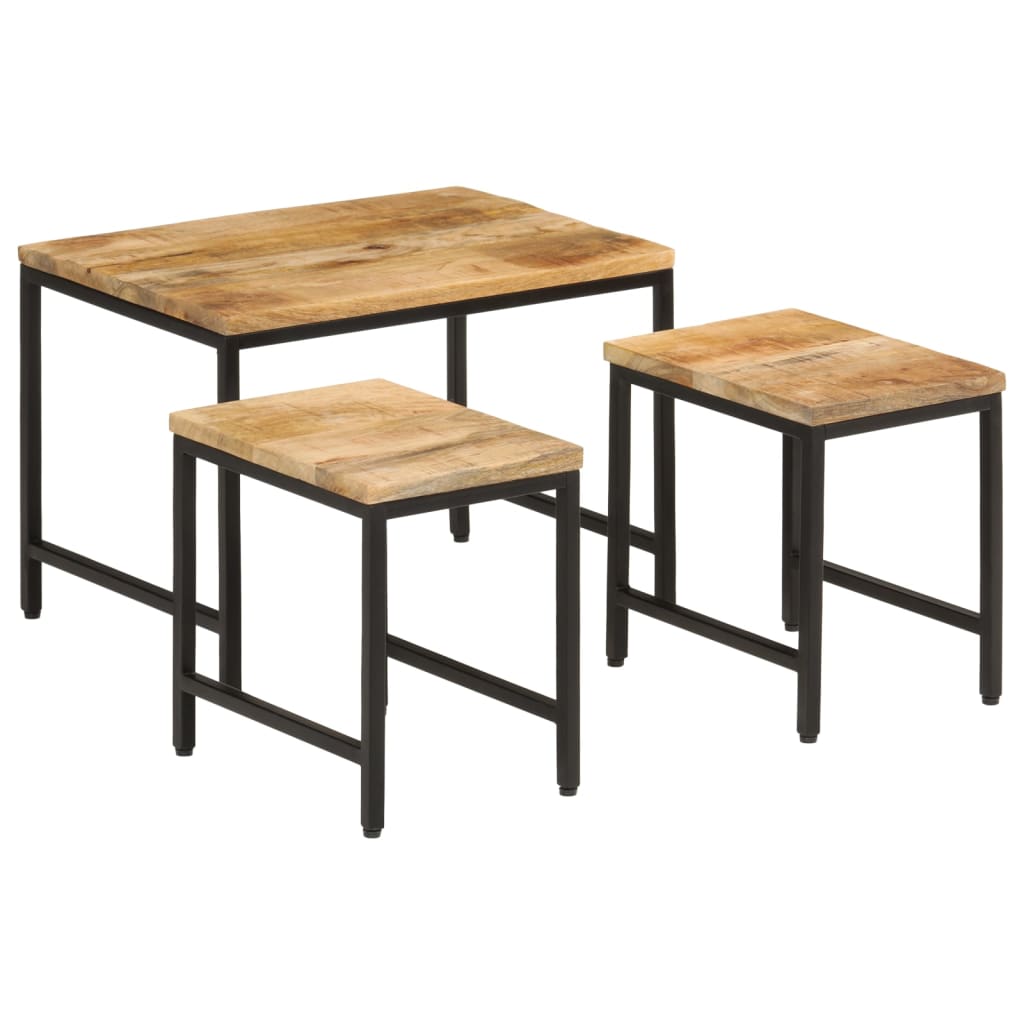 Stablebare salongbord 3 stk grovt heltre mangotre og jern