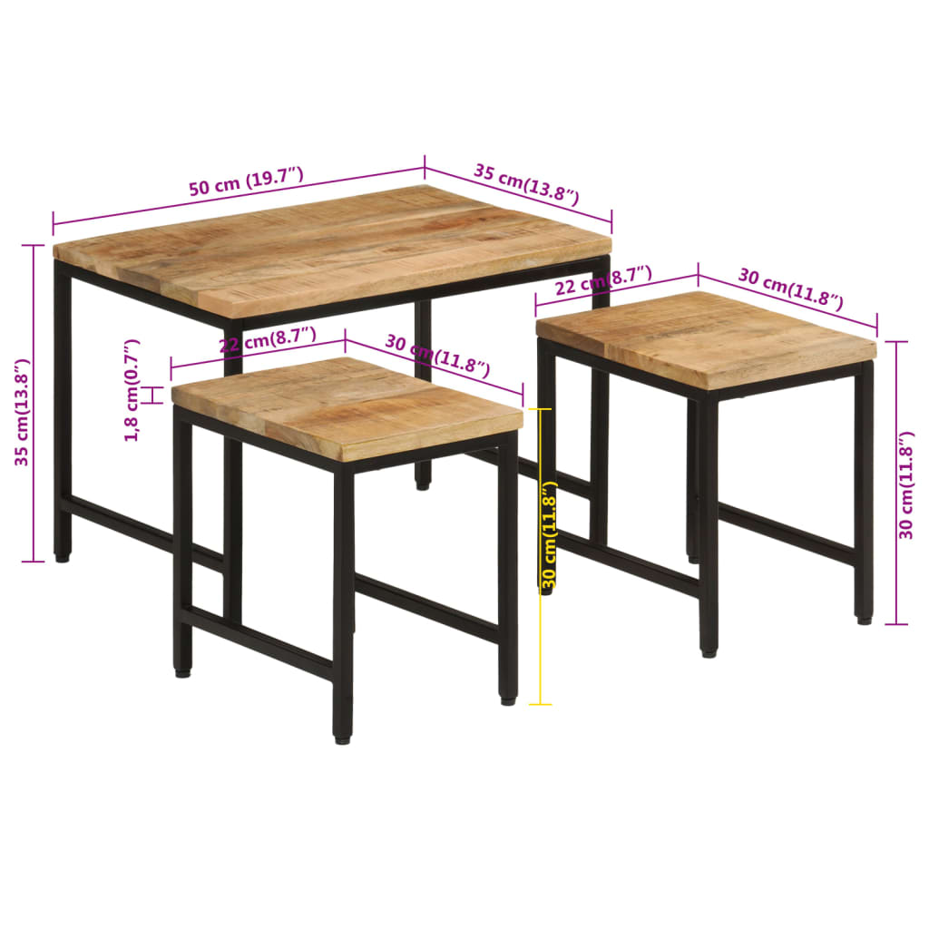 Stablebare salongbord 3 stk grovt heltre mangotre og jern