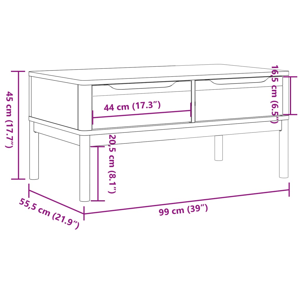 Salongbord Sofabord Tre heltre furu FLORO voksbrun 99x55,5x45 cm
