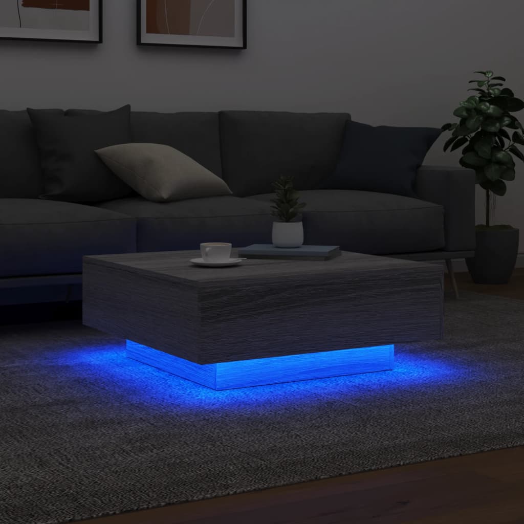 Salongbord Sofabord Sonoma Grå med LED-lys 80x80x31 cm