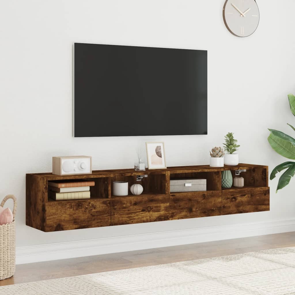 Vegghengte TV-benker 2 stk røkt eik 80x30x30 cm konstruert tre
