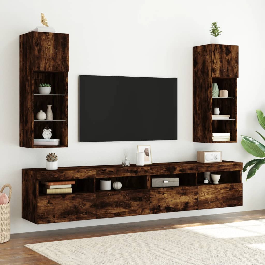 TV-benker med LED-lys 2 stk røkt eik 30,5x30x90 cm