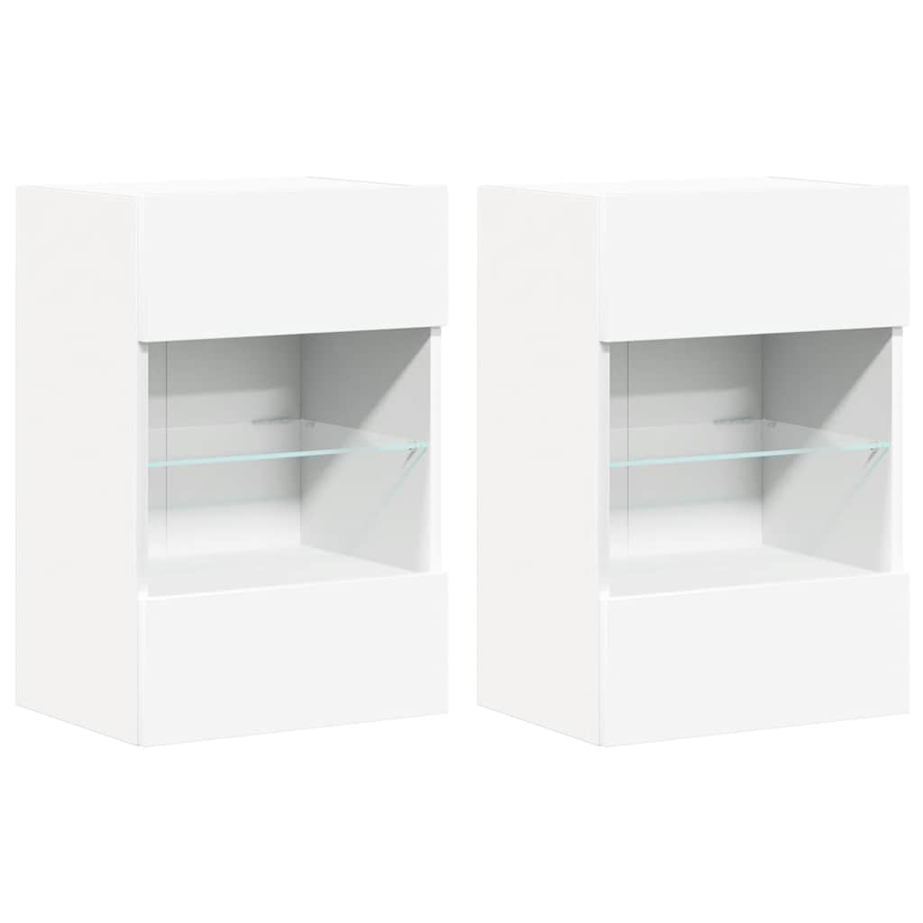 Vegghengte skap med LED-lys for TV 2 stk hvit 40x30x60,5 cm
