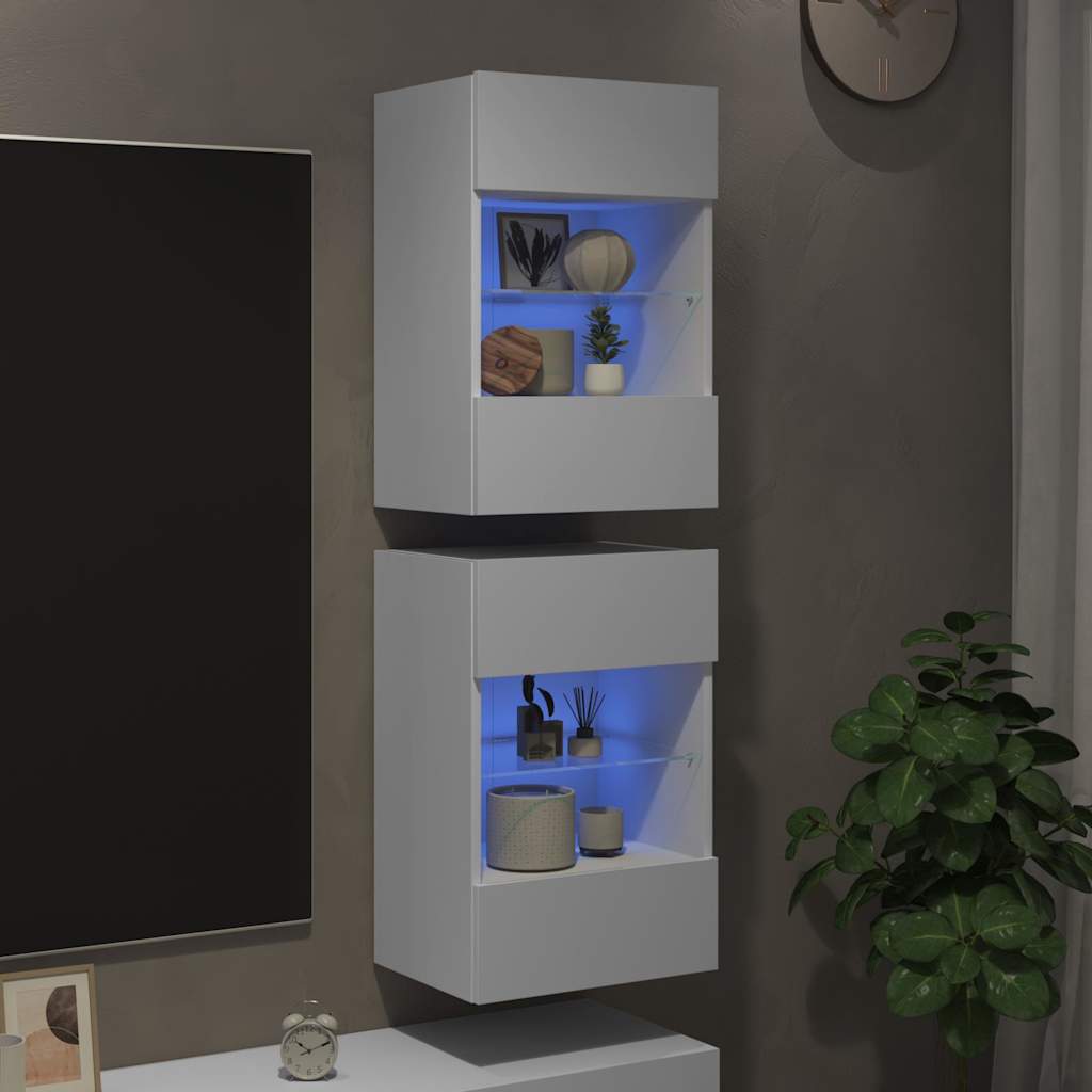 Vegghengte skap med LED-lys for TV 2 stk hvit 40x30x60,5 cm