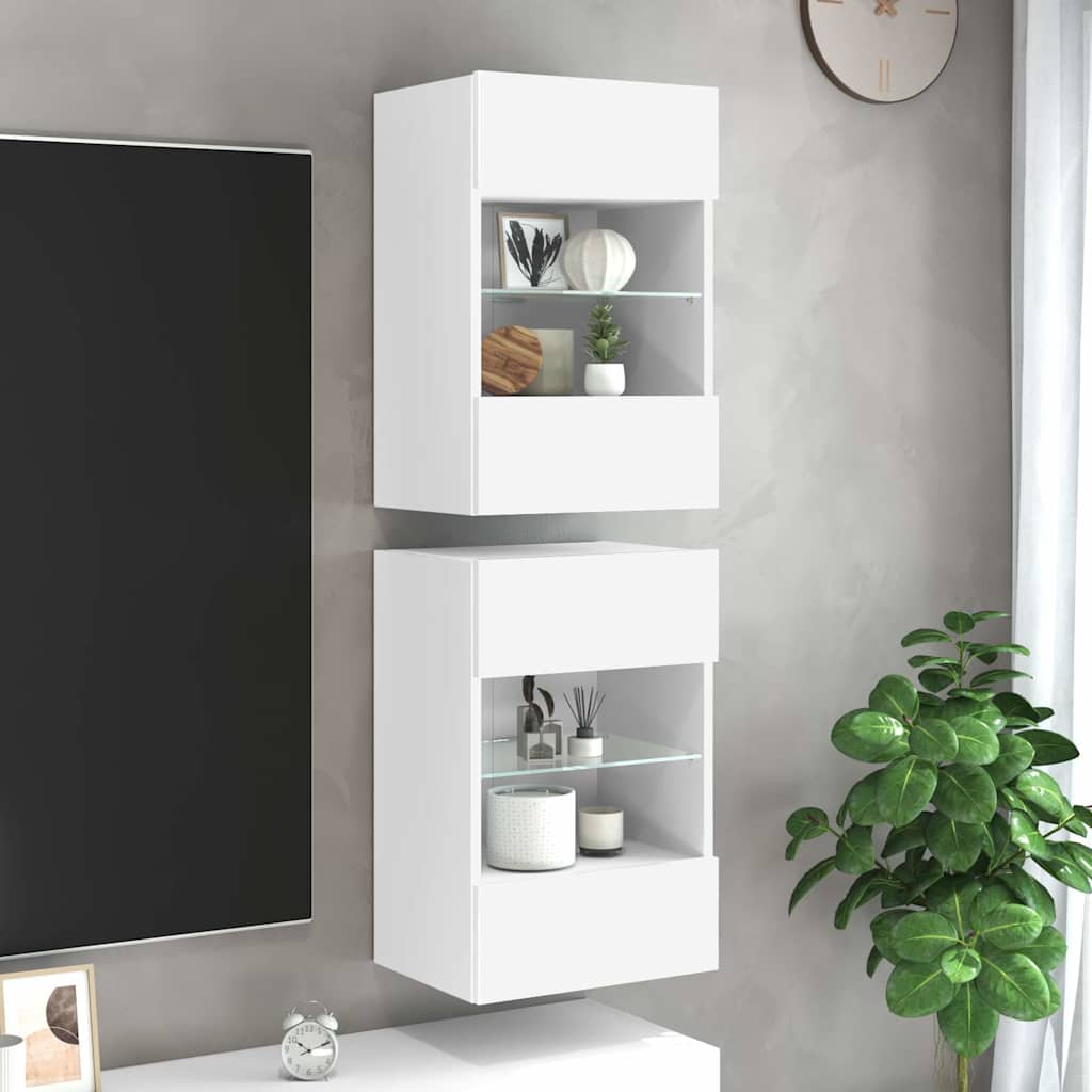 Vegghengte skap med LED-lys for TV 2 stk hvit 40x30x60,5 cm