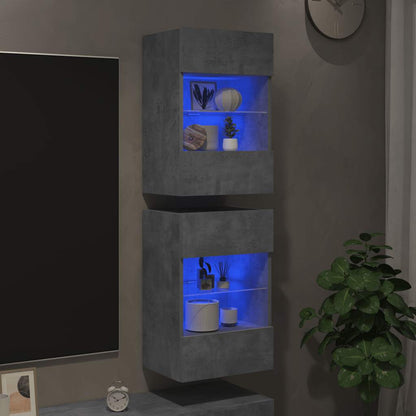 Vegghengte skap med LED-lys for TV 2 stk betonggrå 40x30x60,5 cm