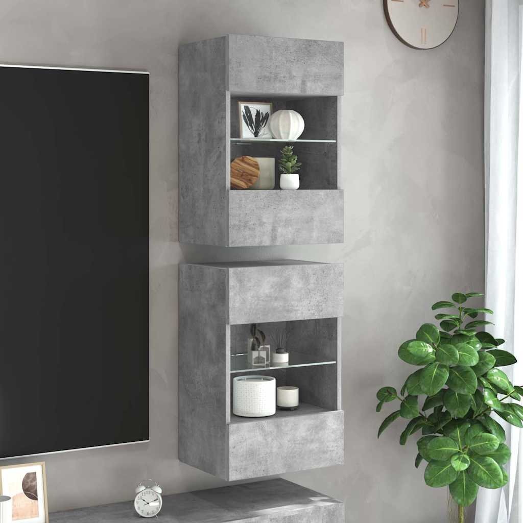Vegghengte skap med LED-lys for TV 2 stk betonggrå 40x30x60,5 cm