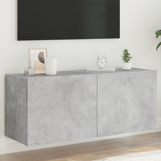 TV-Møbel Betonggrå Vegghengt TV-benk med LED-lys 100x35x41 cm
