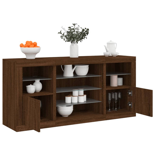 Skjenk Brun Eik med LED-lys 142,5x37x67 cm