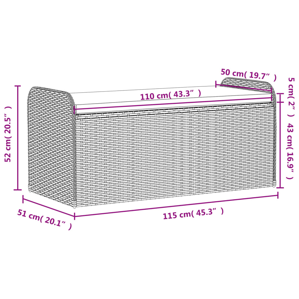 Putekasse Kunstrotting Oppbevaringsbenk med pute svart 115x51x52 cm polyrotting
