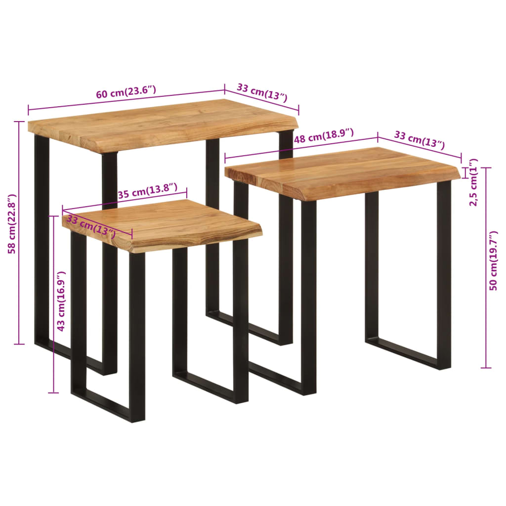 Sidebord Tre Stablebare med naturlig kant 3 stk heltre akasie