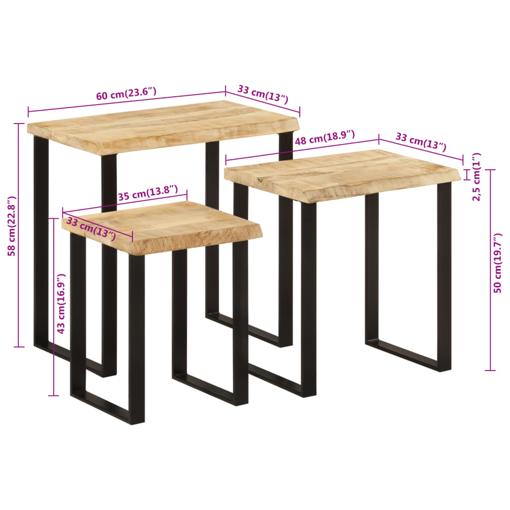 Sidebord Svart Tre Stablebord med naturlig kant 3 stk heltre mango