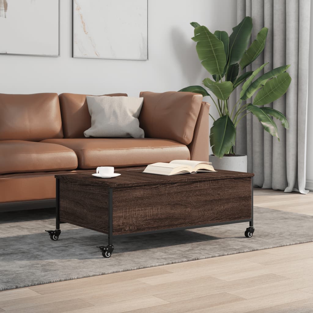 Salongbord Sofabord Brun Eik med hjul 91x55x34 cm konstruert tre