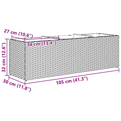 Plantekasse med 3 potter brun 105x30x32 cm polyrotting