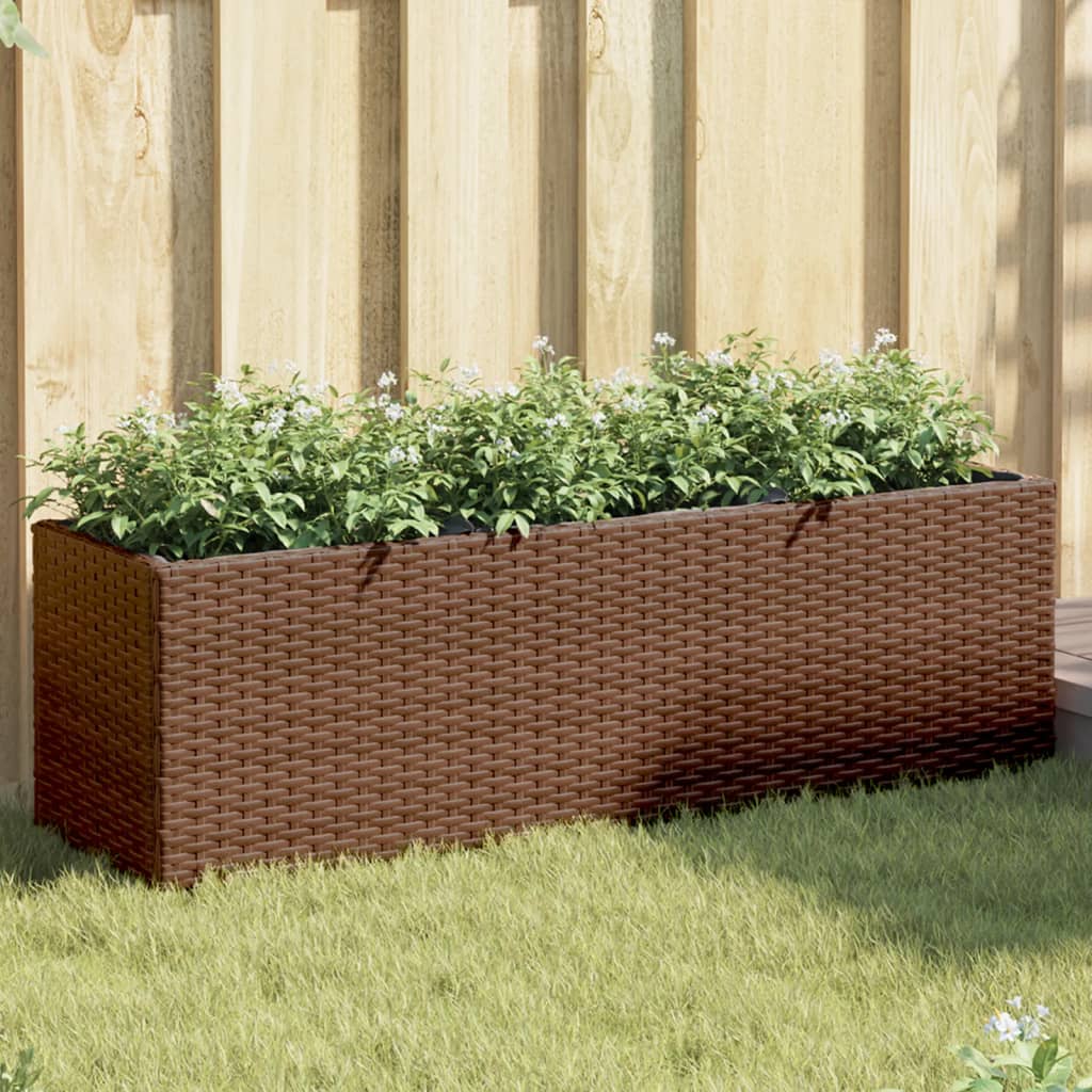 Plantekasse med 3 potter brun 105x30x32 cm polyrotting