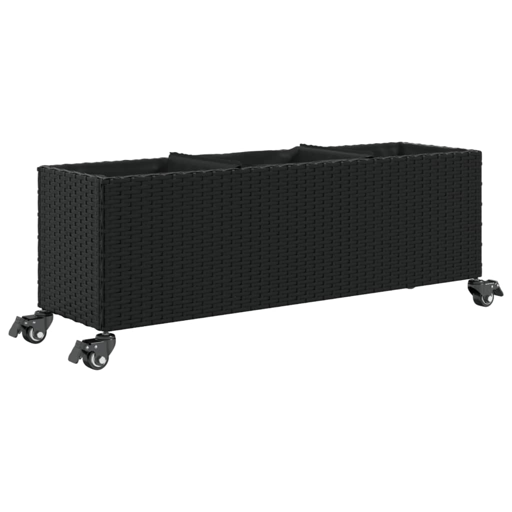 Plantekasse med hjul og 3 potter svart 107x32x38 cm polyrotting
