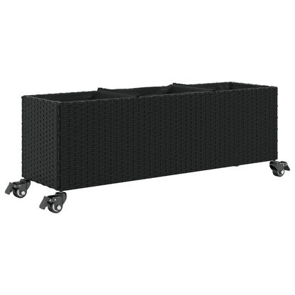 Plantekasse med hjul og 3 potter svart 107x32x38 cm polyrotting