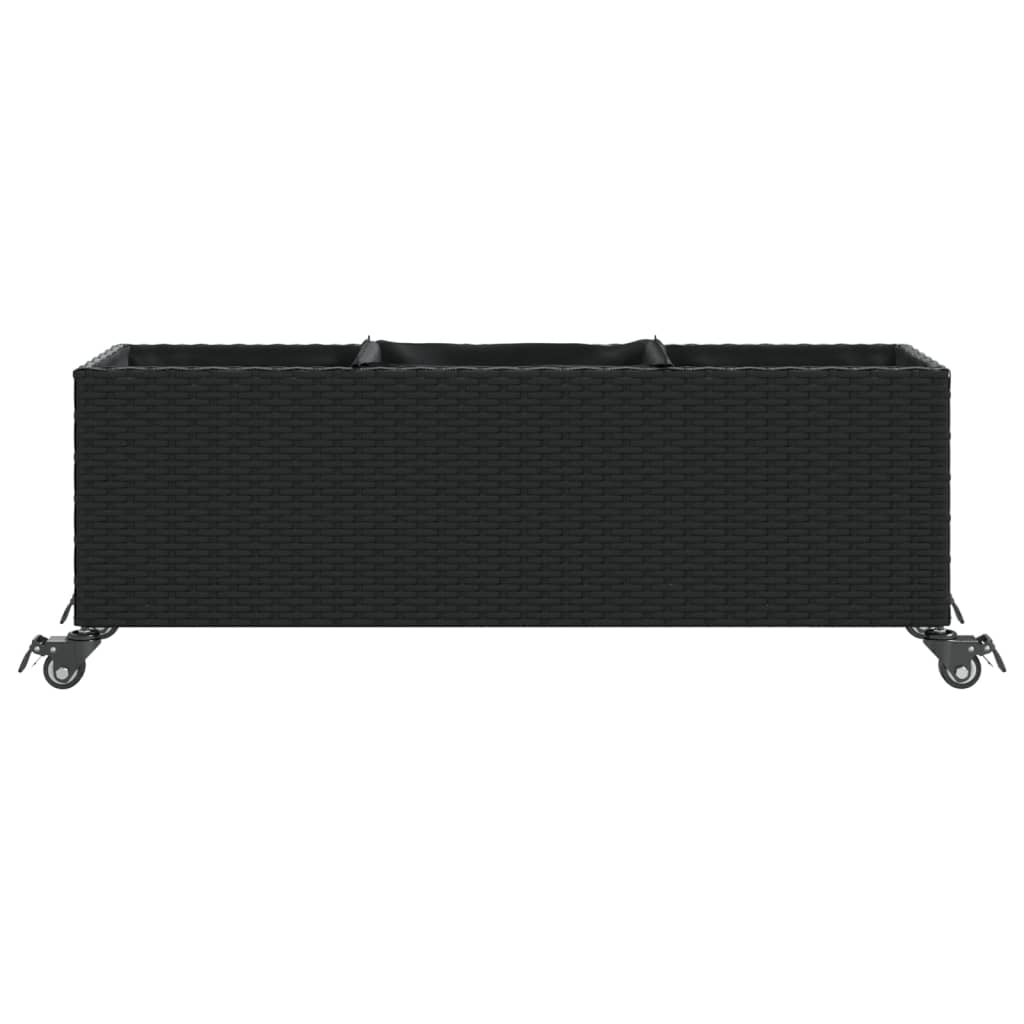 Plantekasse med hjul og 3 potter svart 107x32x38 cm polyrotting