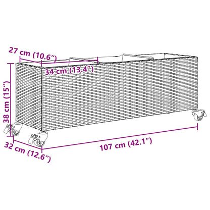 Plantekasse med hjul og 3 potter svart 107x32x38 cm polyrotting
