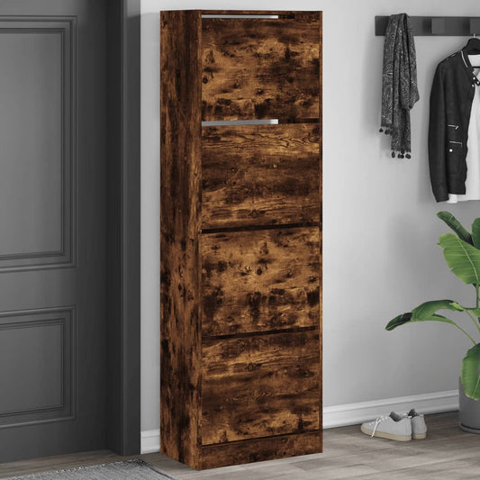 Skoskap Skohylle Skobenk Røkt Eik med 4 vippeskuffer 60x34x187,5 cm