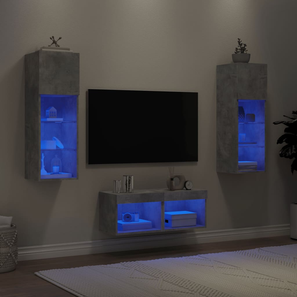 Vegghengte TV-benker med LED 4 stk betonggrå