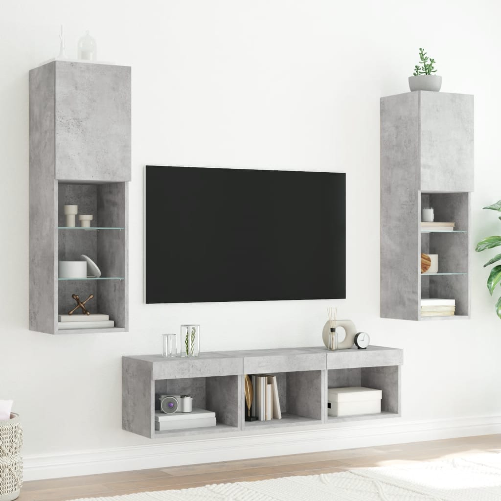 Vegghengte TV-enheter med LED 5 deler betonggrå konstruert tre