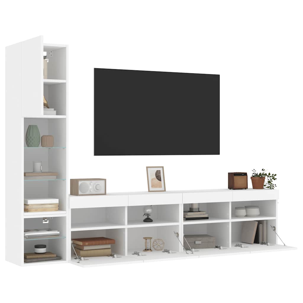 Vegghengte TV-enheter med LED 4 deler hvit konstruert tre