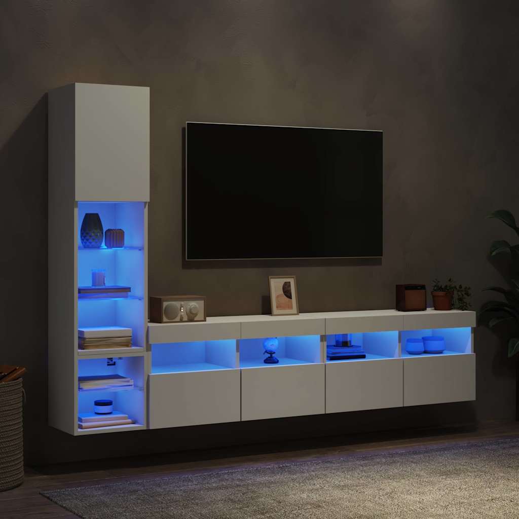 Vegghengte TV-enheter med LED 4 deler hvit konstruert tre