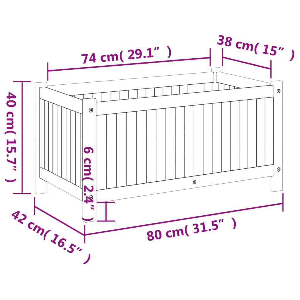 Plantekasse med foring 80x42x40 cm helte akasie