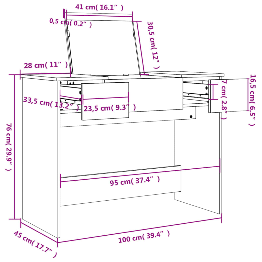 Sminkebord Sonoma Grå speil 100x45x76 cm