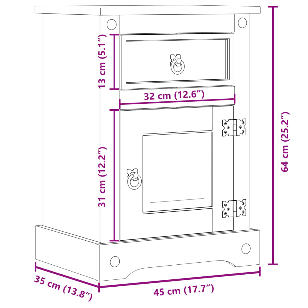 Nattbord Sengbord Tre Corona 45x35x64 cm heltre furu