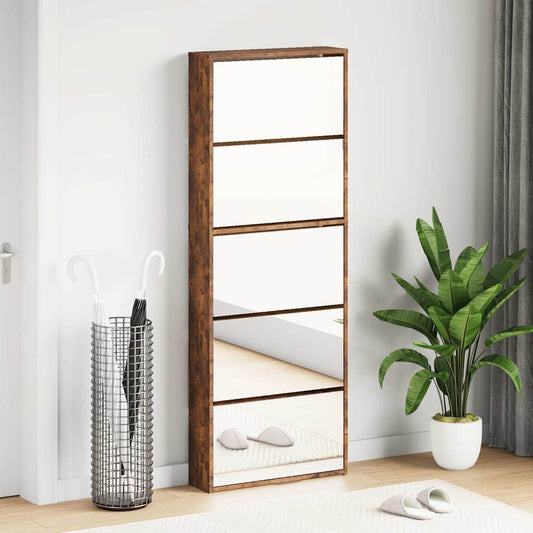 Skoskap Skohylle Skobenk Røkt Eik med speil 5 lag 63x17x169,5 cm