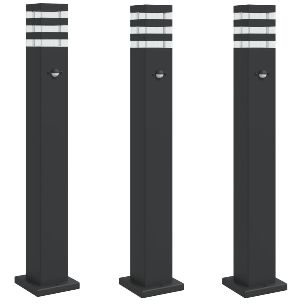 Hagebelysning Lyktstolpe med sensorer 3 stk Svart 80 cm aluminium
