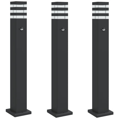 Hagebelysning Lyktstolpe med sensorer 3 stk Svart 80 cm aluminium