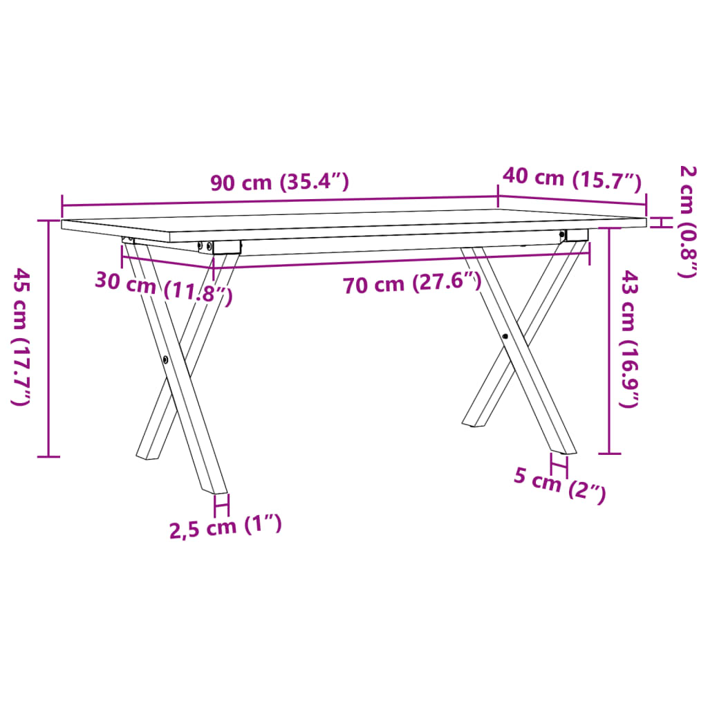Salongbord Sofabord DIV. X-ramme 90x40x45 cm heltre furu og støpejern