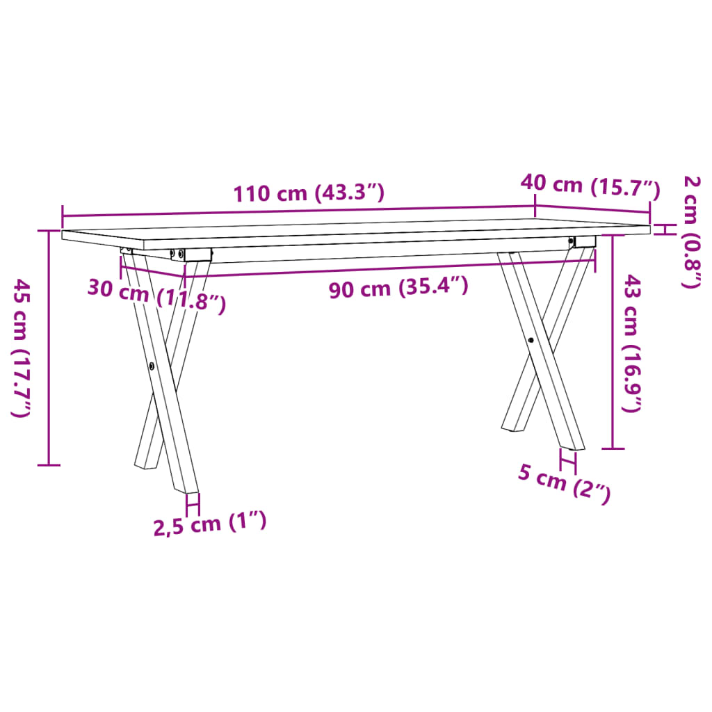 Salongbord Sofabord DIV. X-ramme 110x40x45 cm heltre furu og støpejern