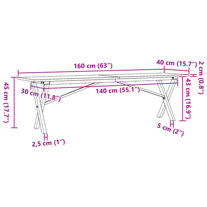 Salongbord Sofabord DIV. X-ramme 160x40x45 cm heltre furu og støpejern